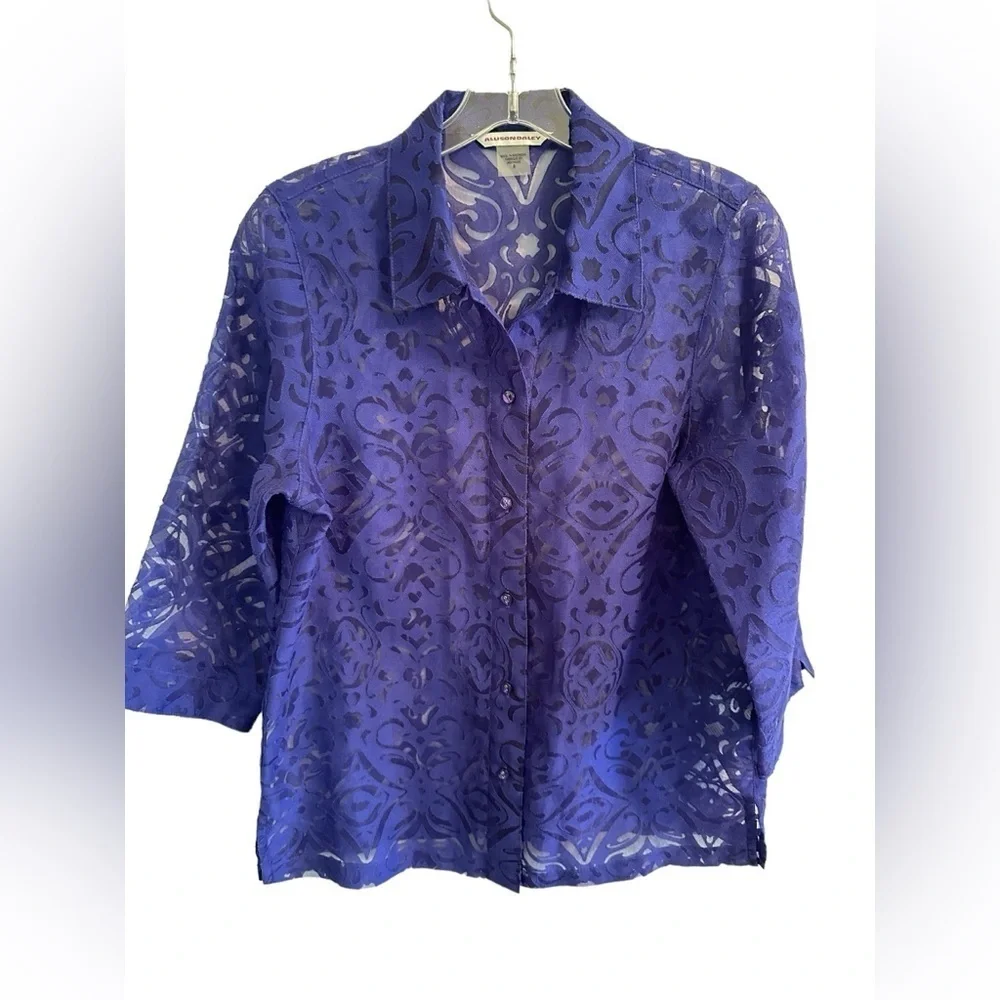 Allison Daley Deep Purple Sheer Button Down Blouse Womens 8 Lovely Summer Top - Picture 7 of 16